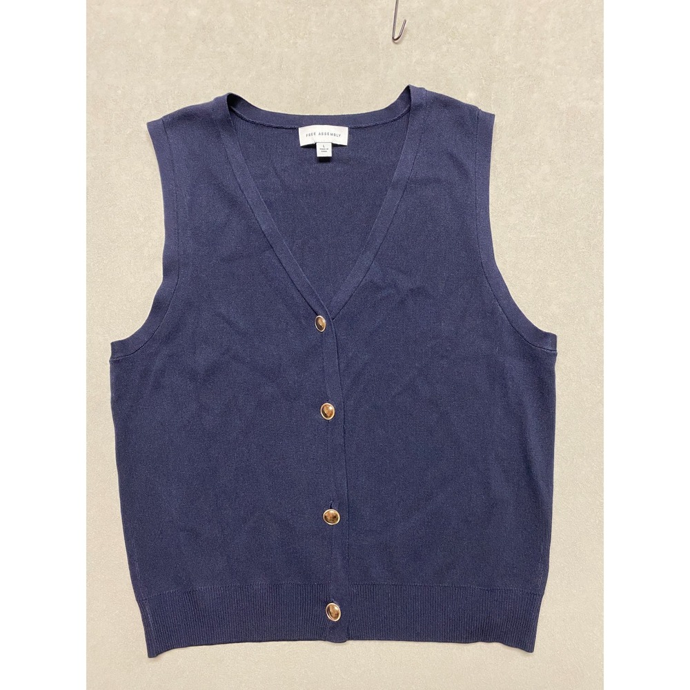 Free Assembly Womens Navy Blue V-Neck Button Front Knit Cardigan Sweater Vest L